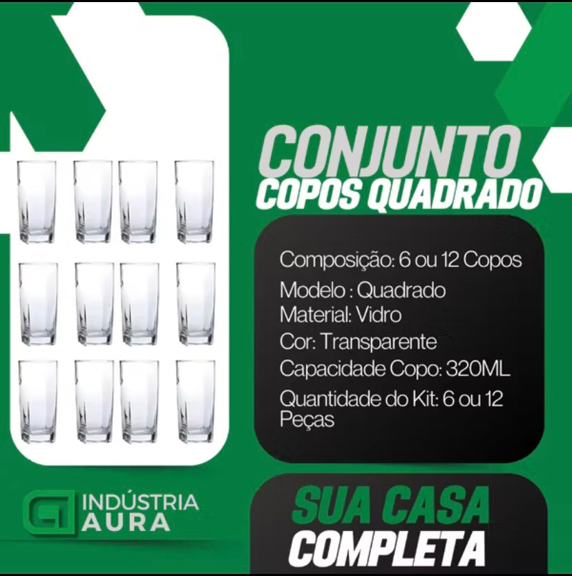 Kit de copos de vidro com 6 ou 12 peças.
