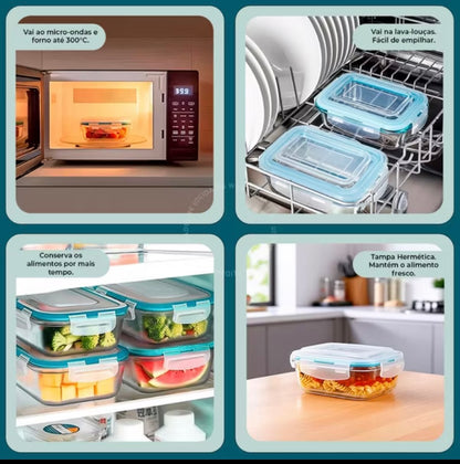 Praticidade e organização que sua cozinha merece! Kit com 10 potes de vidro herméticos — lindos, resistentes e com vedação 100%!