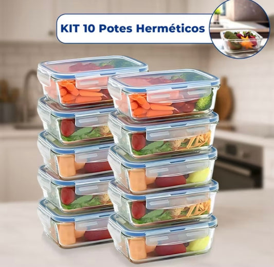 Praticidade e organização que sua cozinha merece! Kit com 10 potes de vidro herméticos — lindos, resistentes e com vedação 100%!